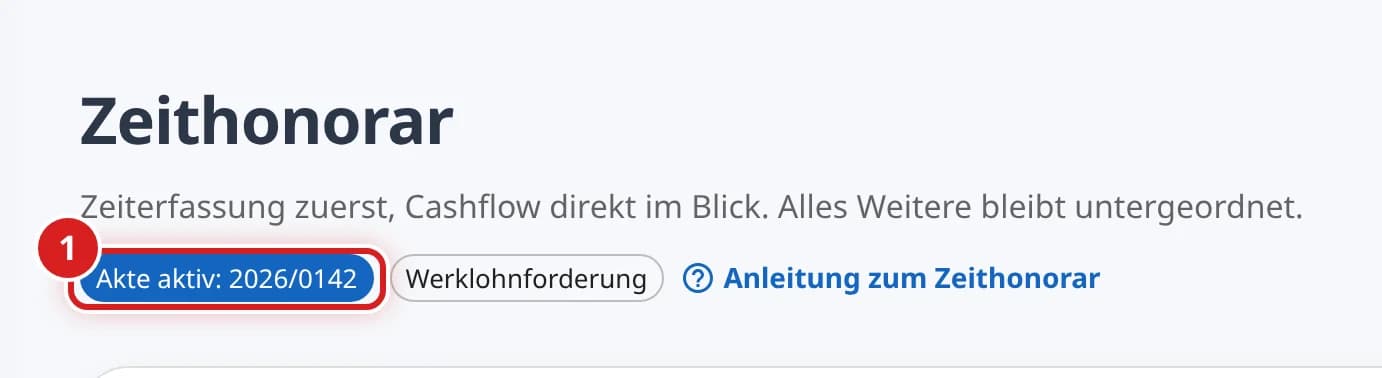 Kopfbereich der Seite mit dem blauen Hinweis Akte aktiv