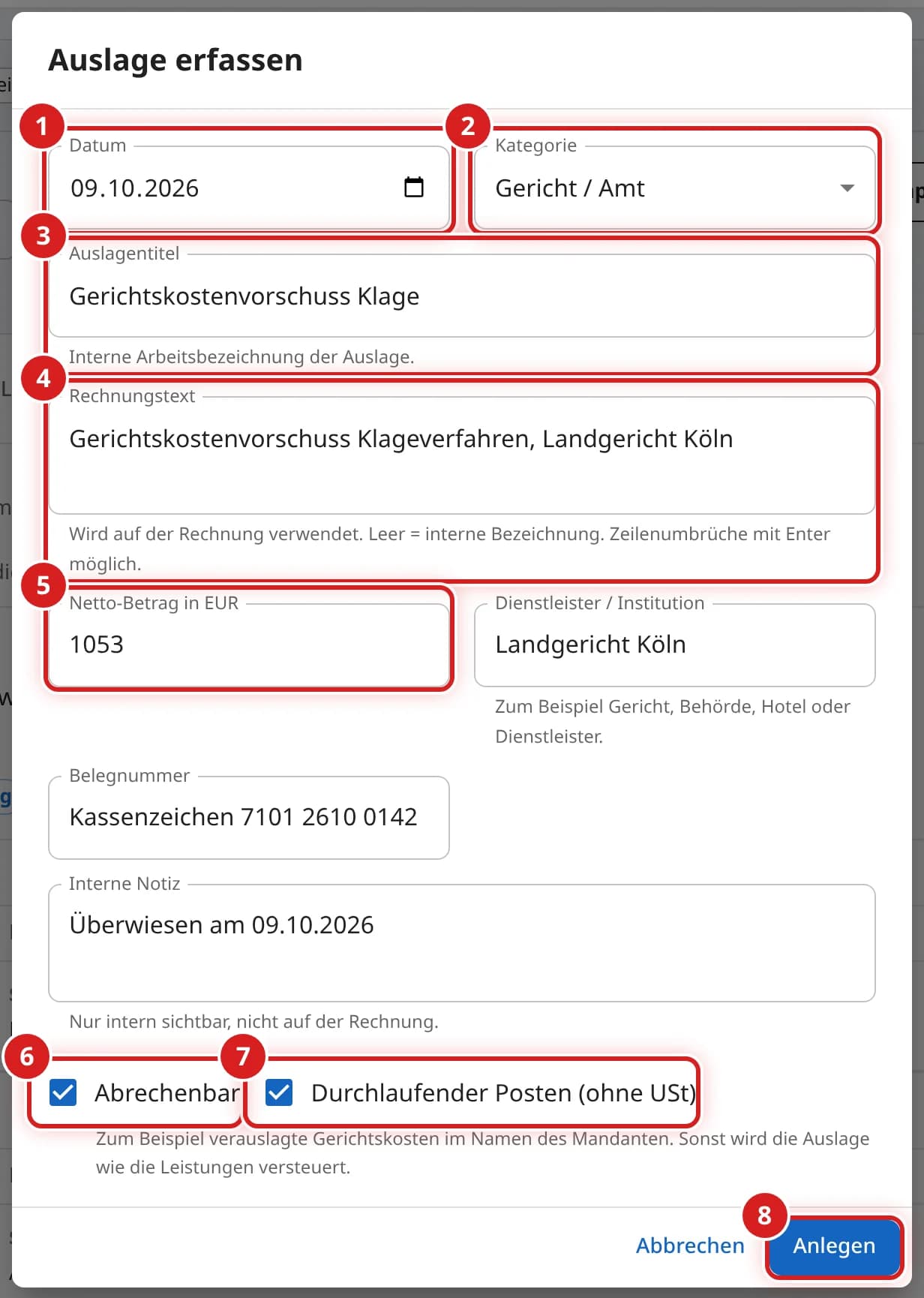 Fenster Auslage erfassen mit Kategorie Gericht / Amt, Gerichtskostenvorschuss über 1053 Euro und angehaktem Durchlaufender Posten