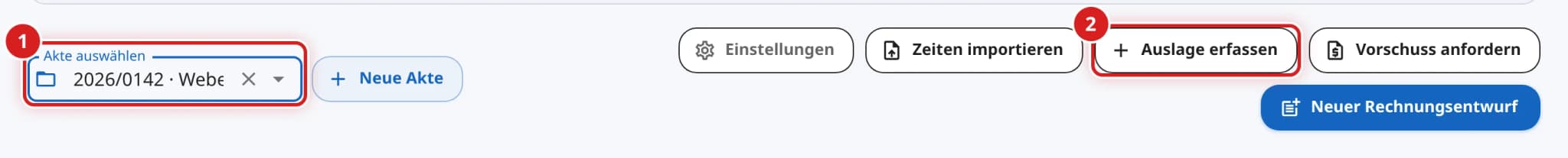 Knopfreihe der Seite Zeithonorar mit markiertem Knopf Auslage erfassen