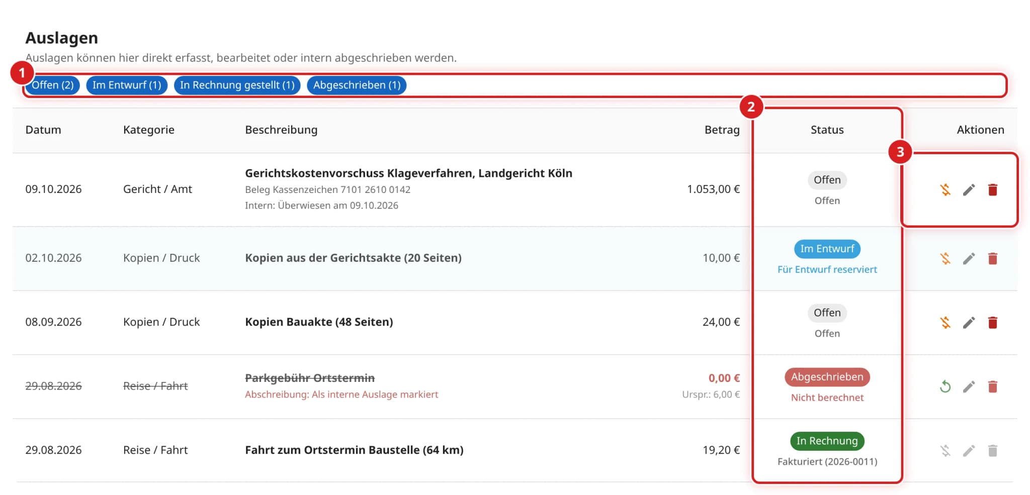 Reiter Auslagen mit Filtern und fünf Auslagen in den Status Offen, Im Entwurf, Abgeschrieben und In Rechnung