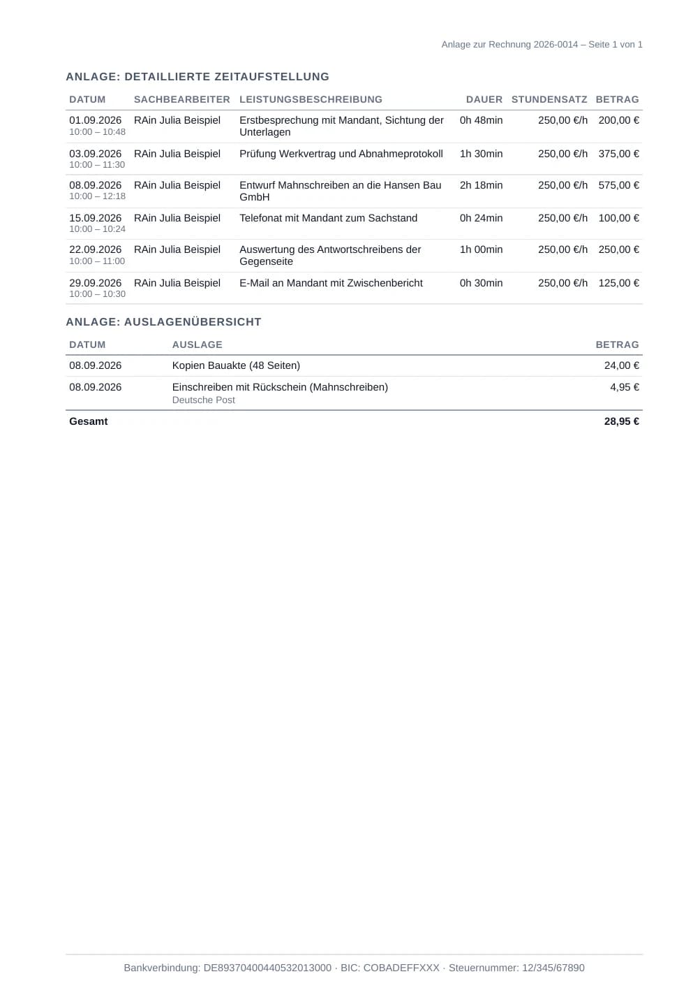 Anlage mit detaillierter Zeitaufstellung und Auslagenübersicht
