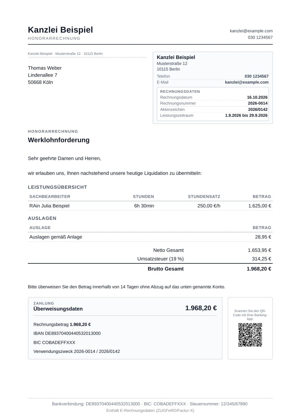 Seite 1 einer Beispielrechnung mit Leistungsübersicht, Summen und Überweisungsdaten