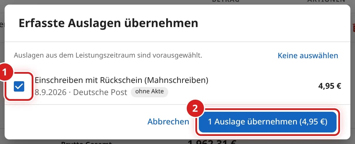 Fenster Erfasste Auslagen übernehmen
