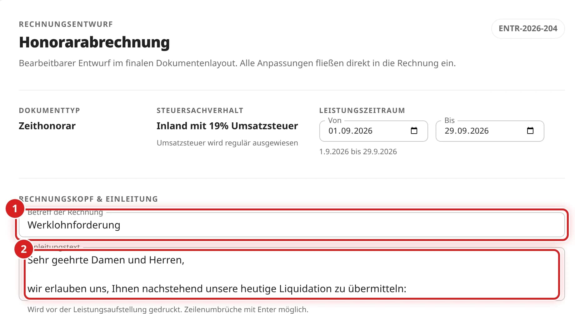 Kopf des Rechnungsentwurfs mit Betreff und Einleitungstext