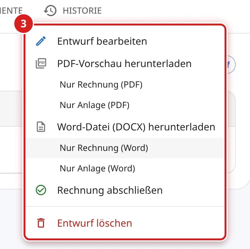 Menü eines gespeicherten Entwurfs