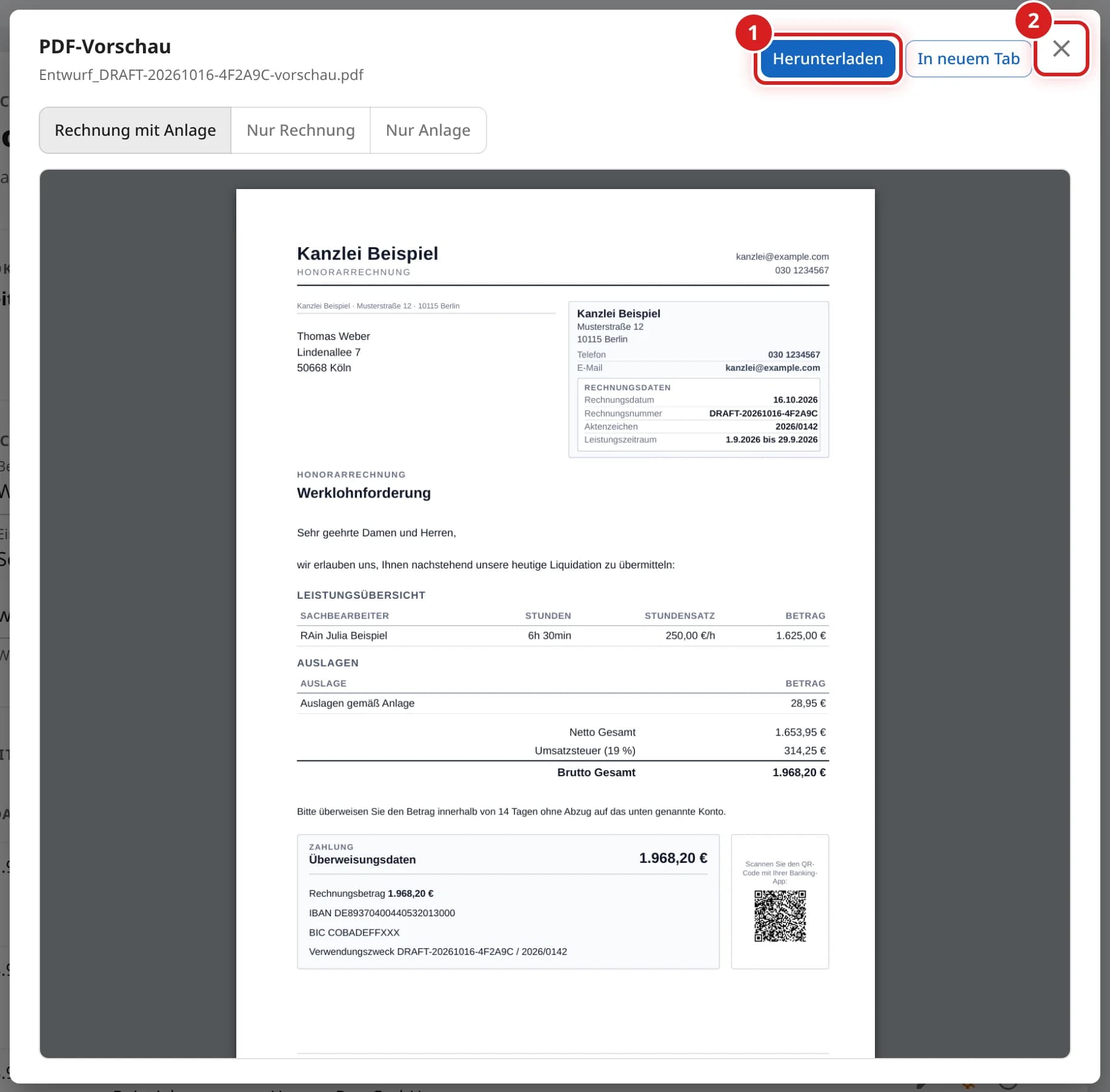 Fenster PDF-Vorschau mit der Rechnung