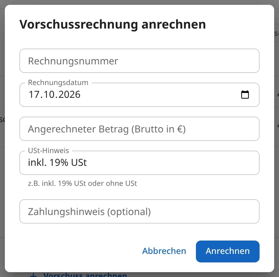 Fenster Vorschussrechnung anrechnen