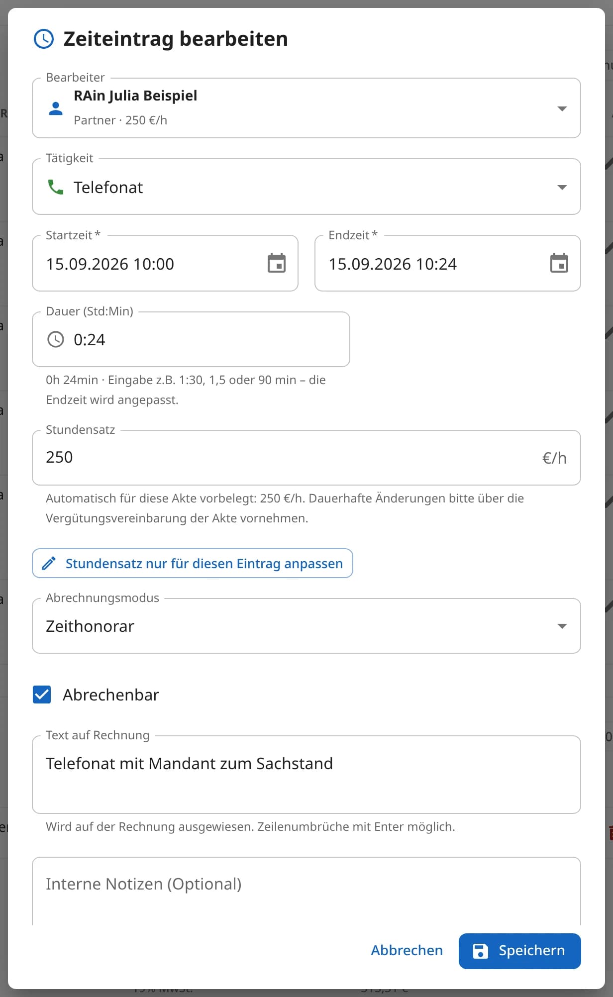 Fenster Zeiteintrag bearbeiten