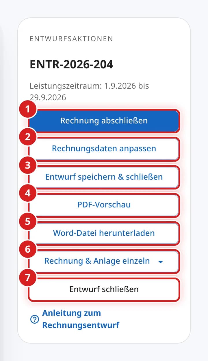 Kasten Entwurfsaktionen mit sieben nummerierten Knöpfen
