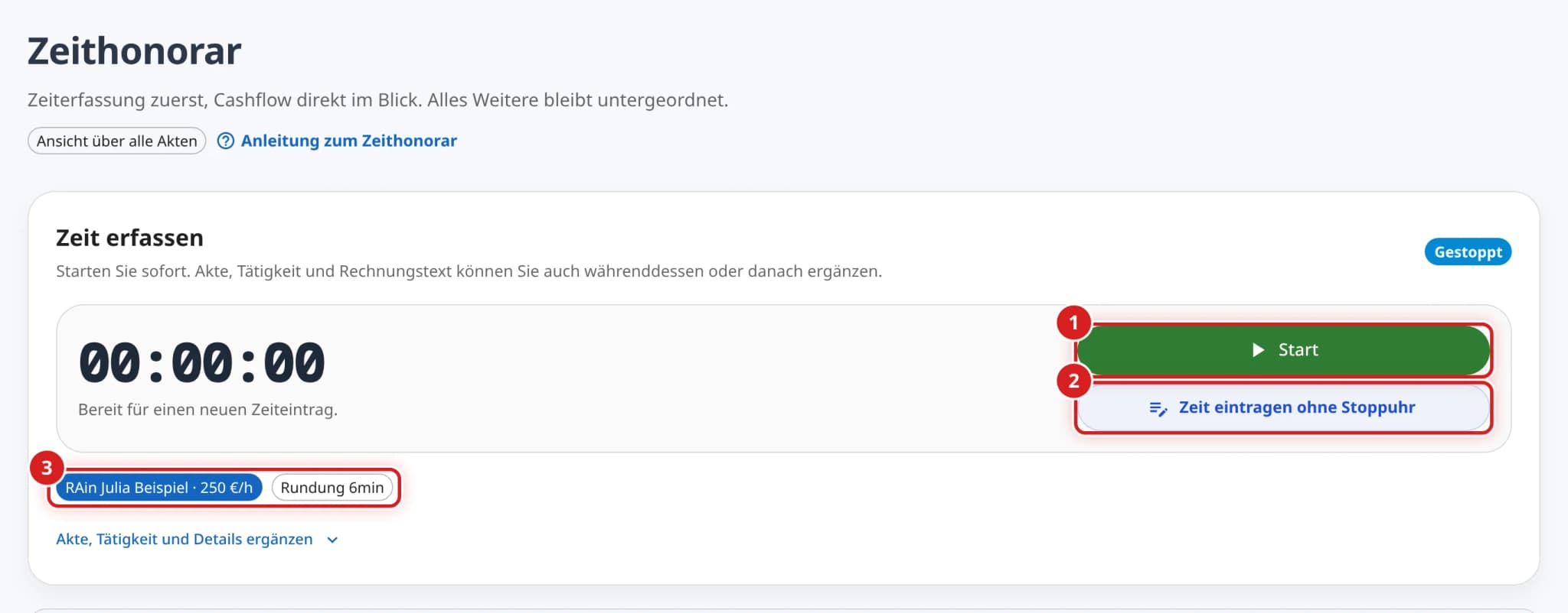 Bereich Zeit erfassen mit der Stoppuhr auf 00:00:00, den Knöpfen Start und Zeit eintragen ohne Stoppuhr