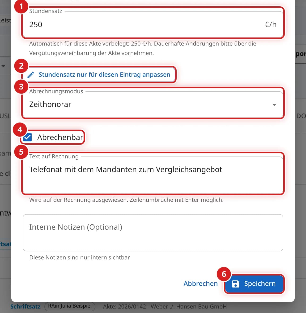 Unterer Teil des Fensters mit Stundensatz, Abrechnungsmodus, Abrechenbar, Text auf Rechnung und Speichern