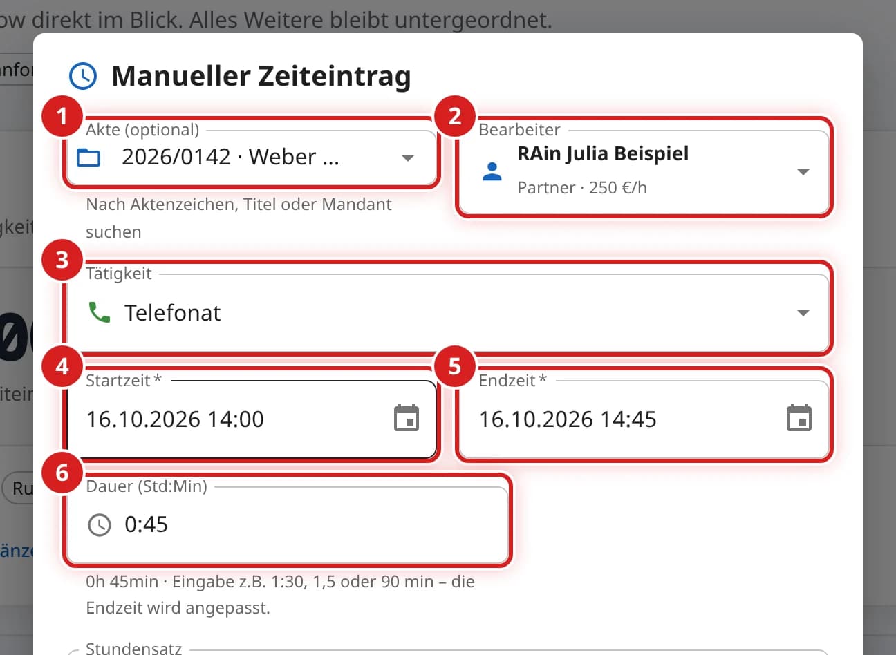 Fenster Manueller Zeiteintrag mit den Feldern Akte, Bearbeiter, Tätigkeit, Startzeit, Endzeit und Dauer