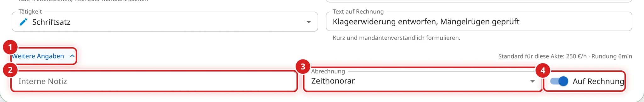 Aufgeklappter Bereich Weitere Angaben mit den Feldern Interne Notiz, Abrechnung und dem Schalter Auf Rechnung