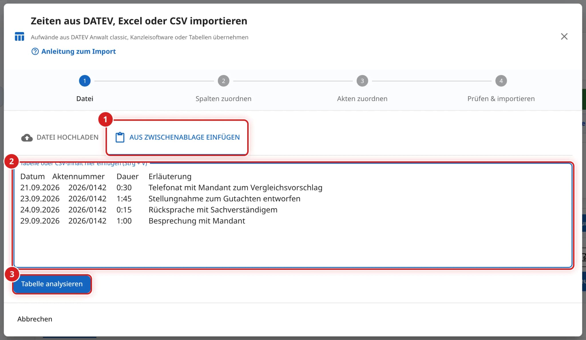 Import-Fenster mit dem Reiter Aus Zwischenablage einfügen, eingefügter Tabelle und dem Knopf Tabelle analysieren
