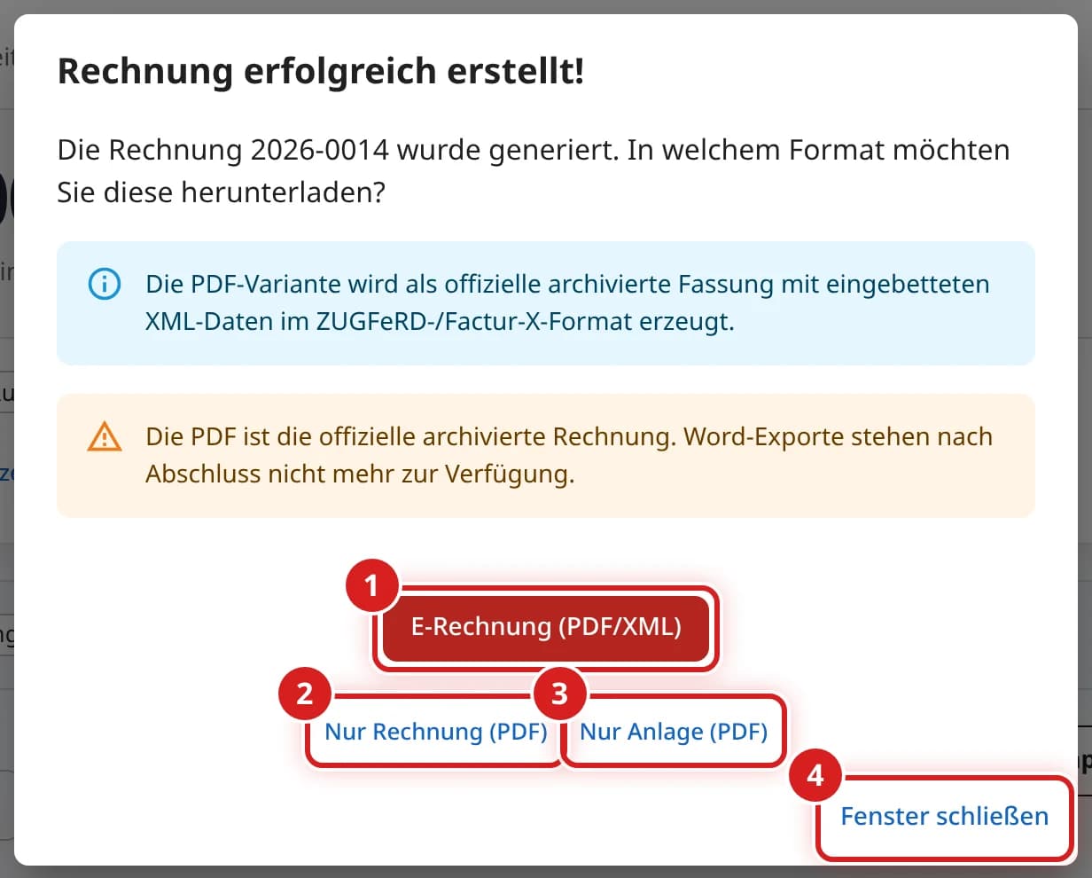Fenster Rechnung erfolgreich erstellt mit den Download-Knöpfen