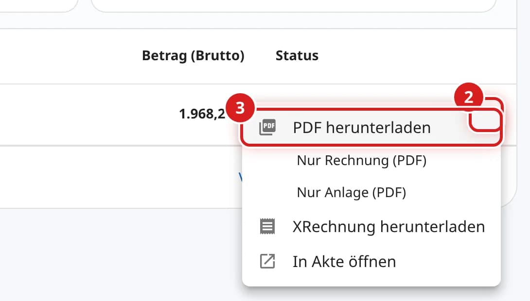 Menü einer Rechnung mit PDF herunterladen