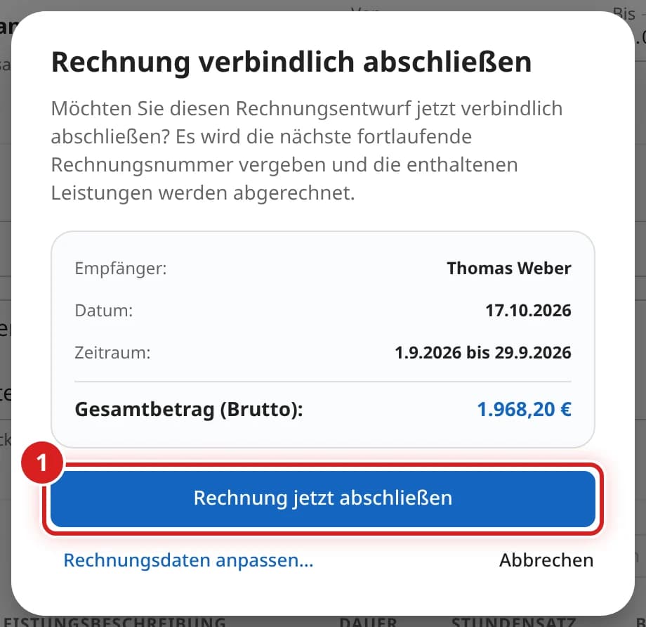 Fenster Rechnung verbindlich abschließen