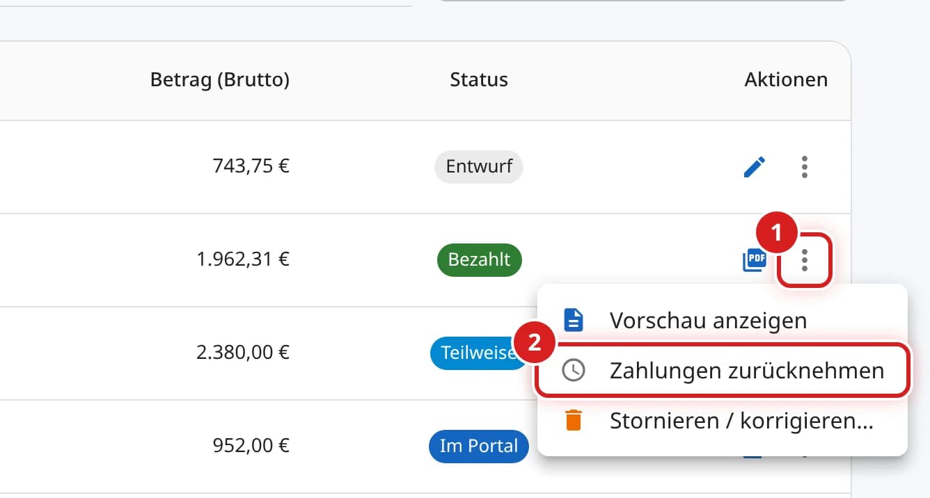 Menü einer bezahlten Rechnung mit dem Eintrag Zahlungen zurücknehmen