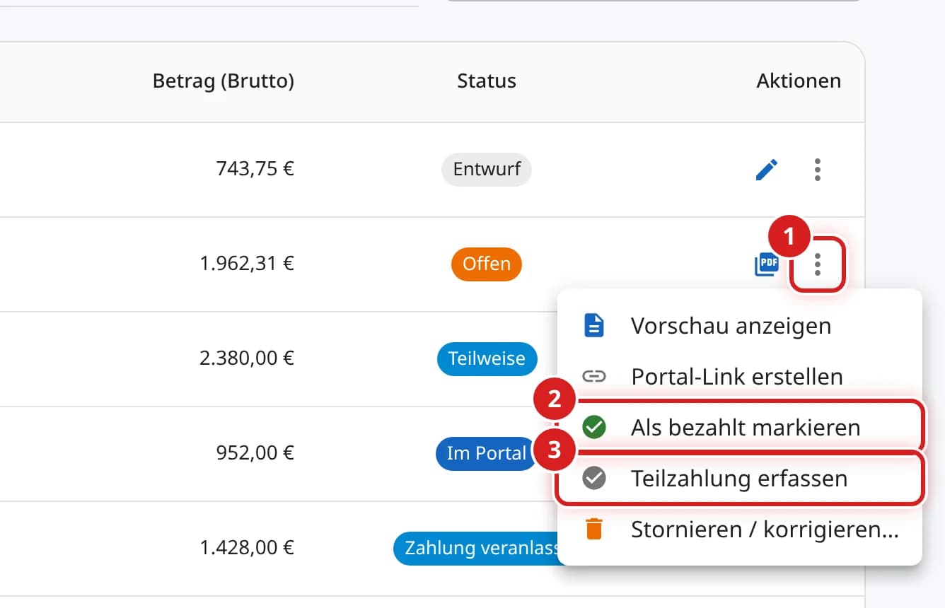 Geöffnetes Menü einer offenen Rechnung mit den Einträgen Als bezahlt markieren und Teilzahlung erfassen