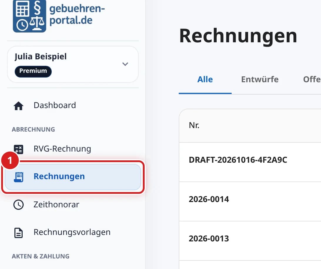 Linke Leiste mit markiertem Eintrag Rechnungen unter Abrechnung