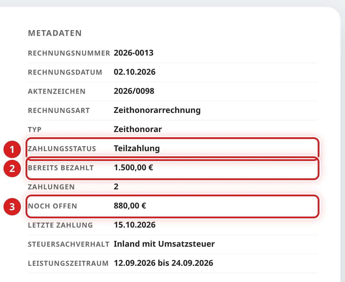 Metadaten der Rechnungsvorschau mit Zahlungsstatus Teilzahlung, bereits bezahlt 1.500 Euro und noch offen 880 Euro