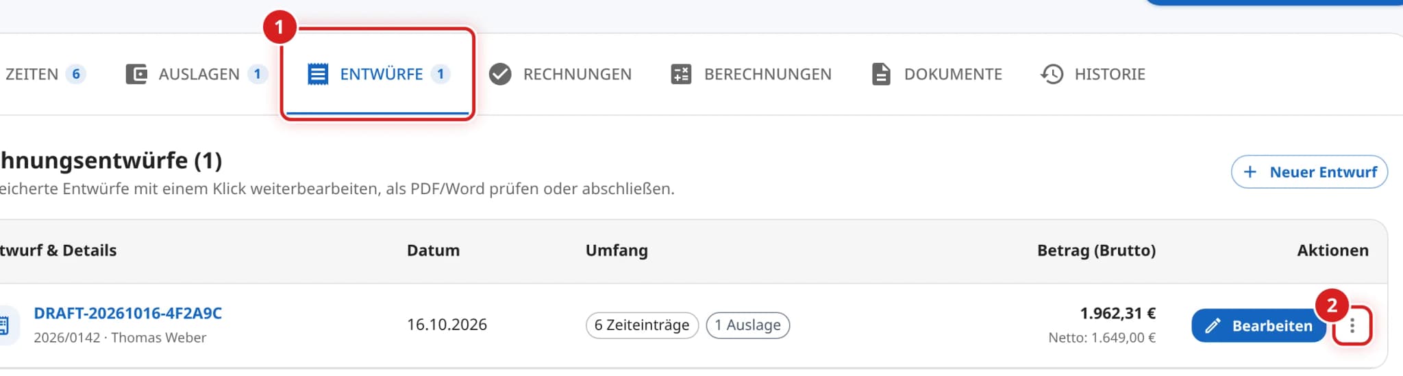 Reiter Entwürfe mit einem gespeicherten Entwurf