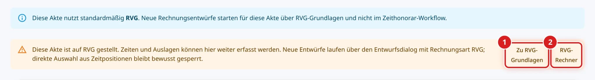 Hinweise für eine RVG-Akte mit den Knöpfen Zu RVG-Grundlagen und RVG-Rechner
