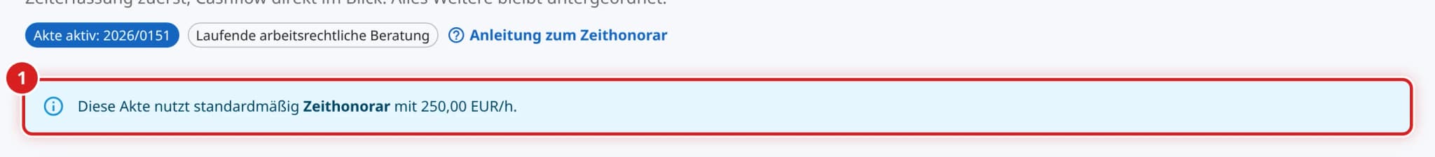 Blauer Hinweis Diese Akte nutzt standardmäßig Zeithonorar mit 250,00 EUR/h.