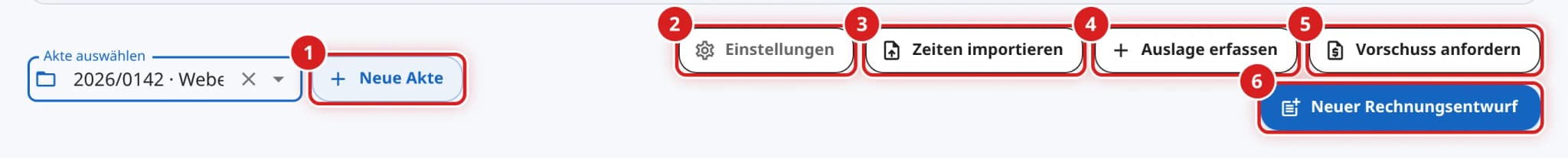 Knopfreihe mit Neue Akte, Einstellungen, Zeiten importieren, Auslage erfassen, Vorschuss anfordern und Neuer Rechnungsentwurf
