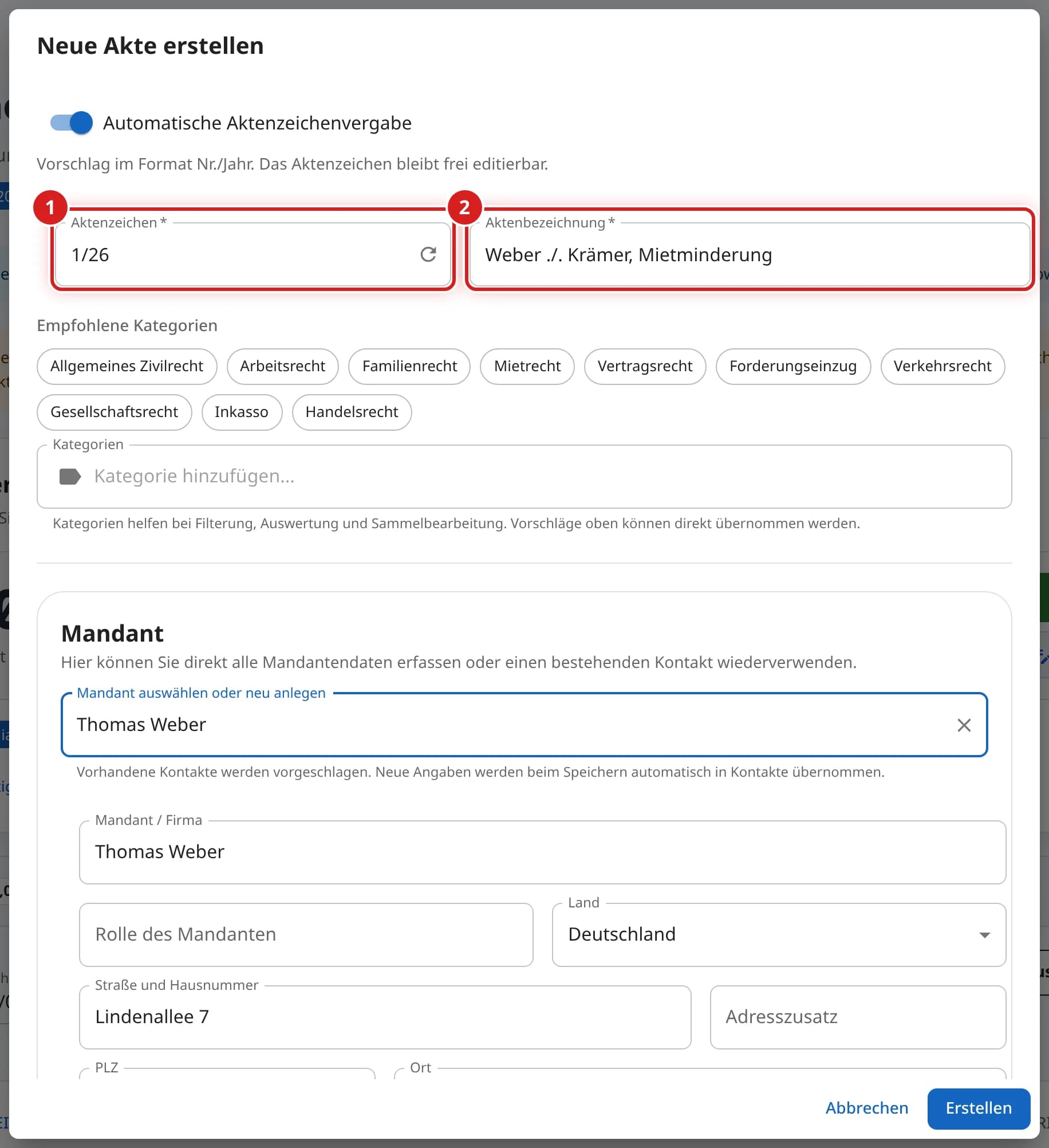 Fenster Neue Akte erstellen mit Aktenzeichen 1/26 und Aktenbezeichnung