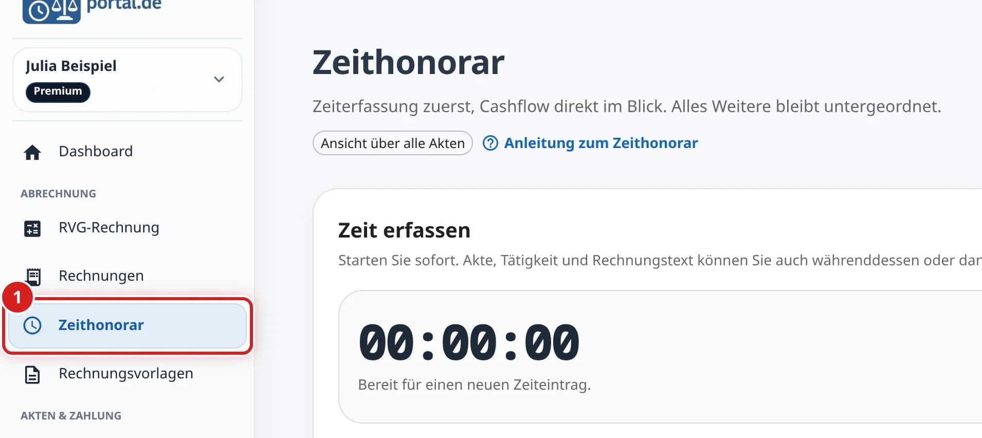 Linke Leiste des Gebührenportals mit markiertem Eintrag Zeithonorar