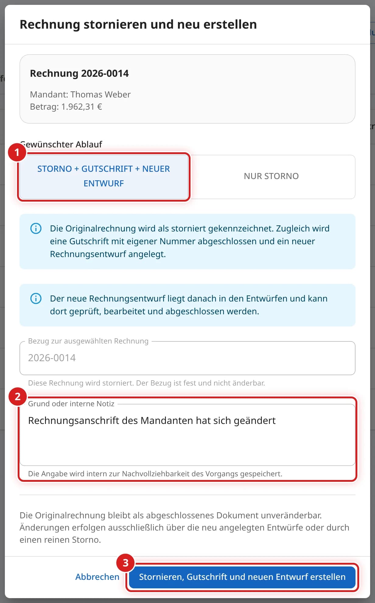 Fenster Rechnung stornieren und neu erstellen mit dem Ablauf Storno + Gutschrift + neuer Entwurf und einem Grund