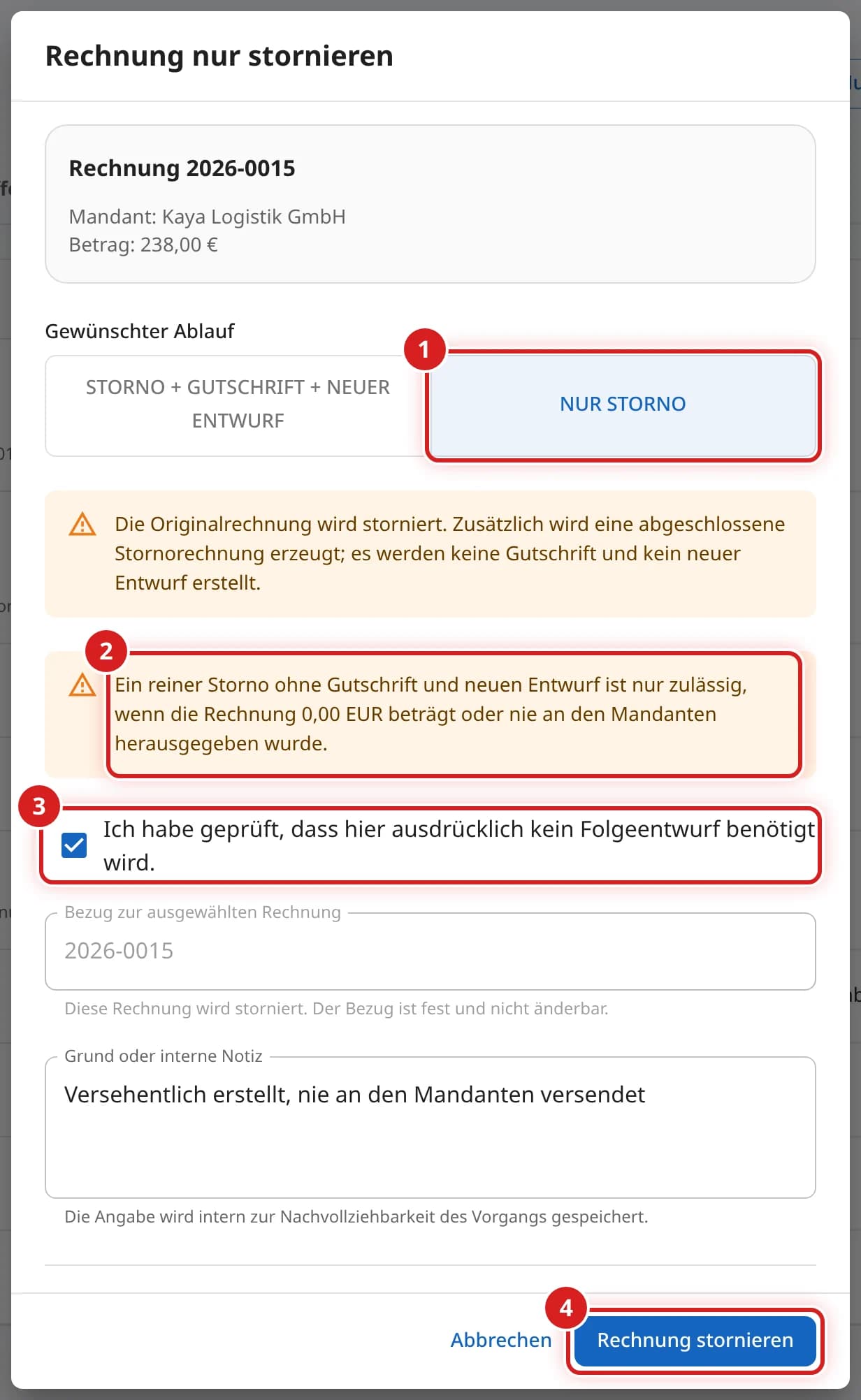 Fenster Rechnung nur stornieren mit dem Ablauf Nur Storno, dem Warnhinweis und dem angehakten Bestätigungsfeld