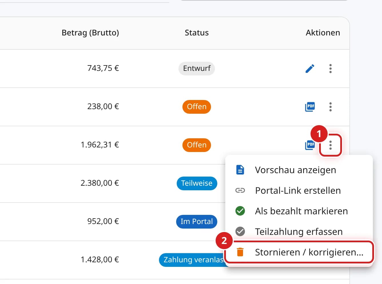 Menü einer offenen Rechnung mit markiertem Eintrag Stornieren / korrigieren