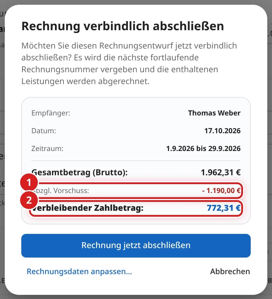 Fenster Rechnung verbindlich abschließen mit den Zeilen Abzgl. Vorschuss und Verbleibender Zahlbetrag