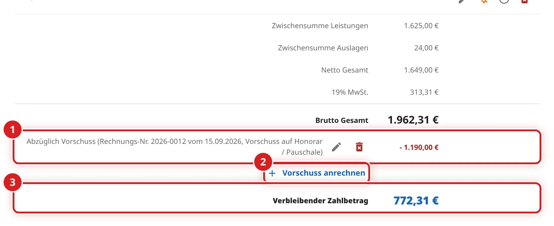 Summenbereich des Entwurfs mit der Zeile Abzüglich Vorschuss minus 1.190,00 Euro und dem verbleibenden Zahlbetrag 772,31 Euro