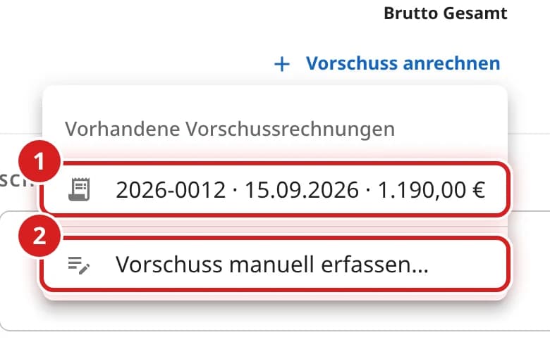 Menü von Vorschuss anrechnen mit der Vorschussrechnung 2026-0012 und dem Eintrag Vorschuss manuell erfassen