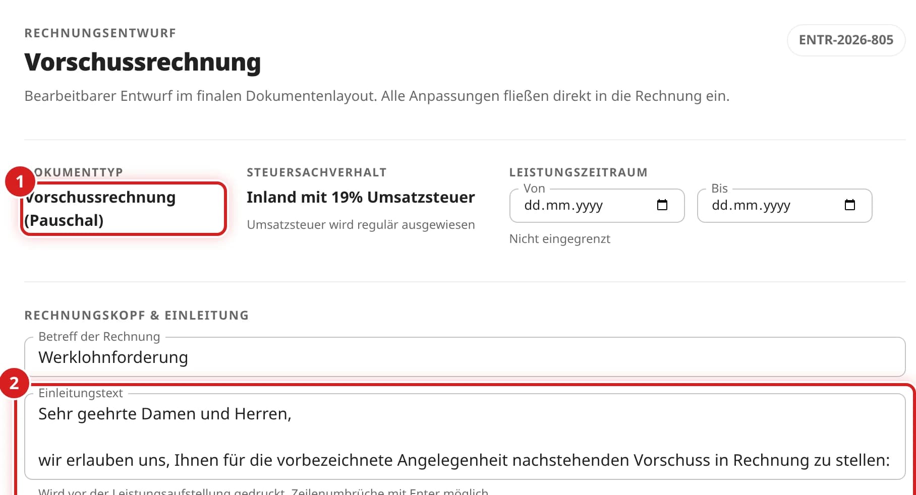 Kopf des Rechnungsentwurfs mit Dokumenttyp Vorschussrechnung (Pauschal) und dem Einleitungstext