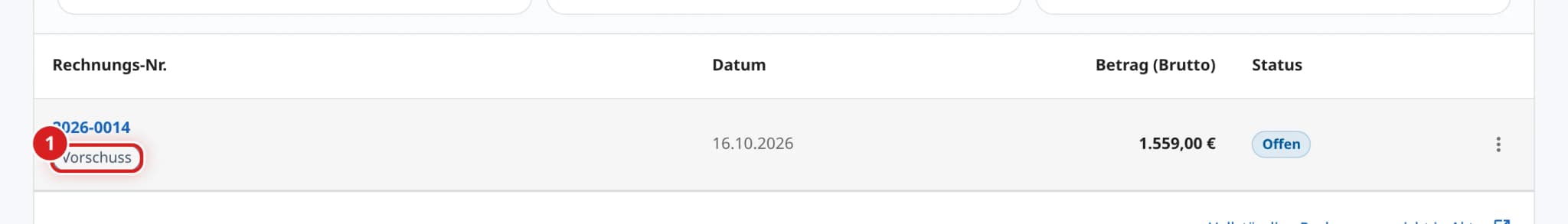 Reiter Rechnungen mit der Rechnung 2026-0014 und dem Kennzeichen Vorschuss