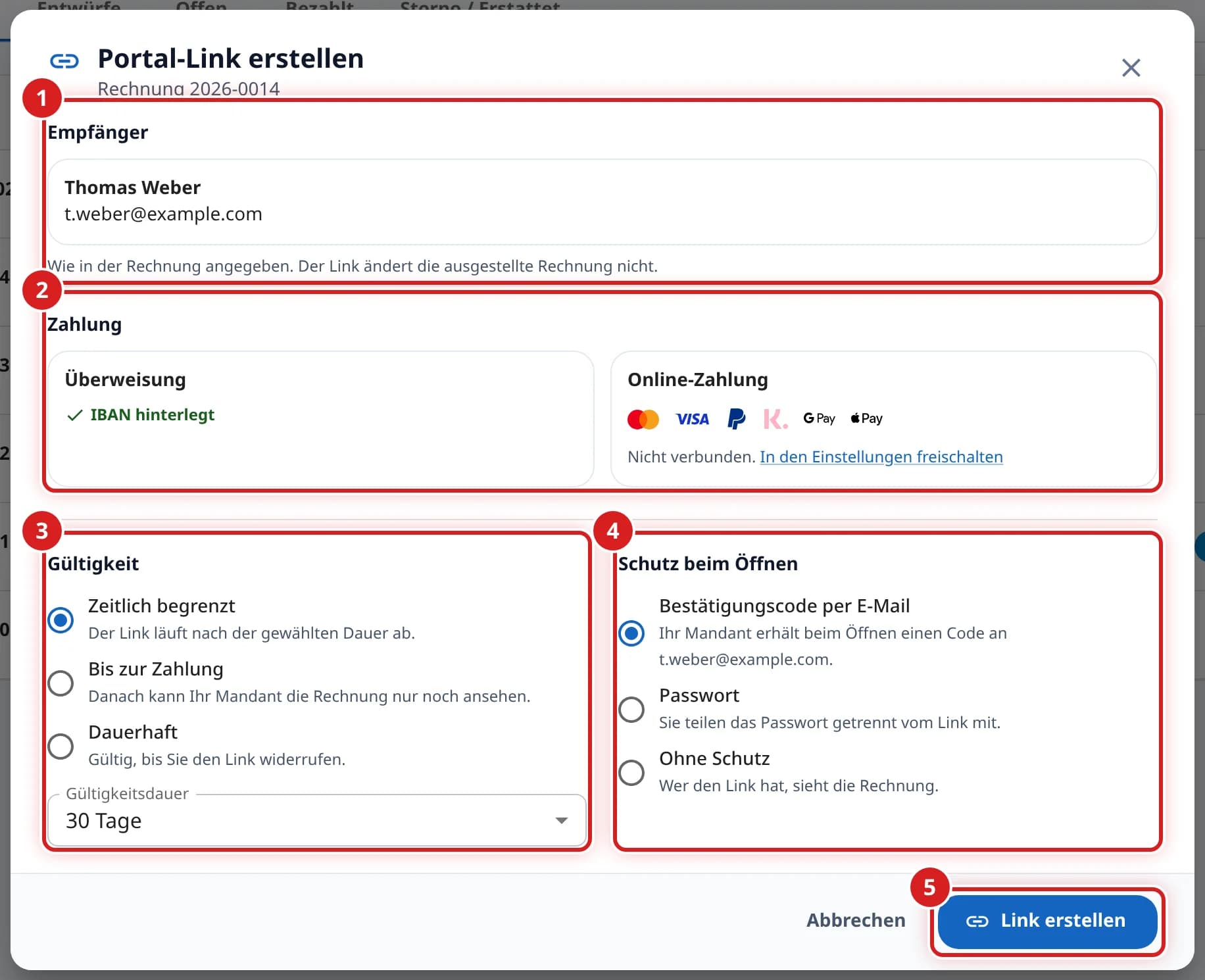 Fenster Portal-Link erstellen mit den Bereichen Empfänger, Zahlung, Gültigkeit und Schutz beim Öffnen