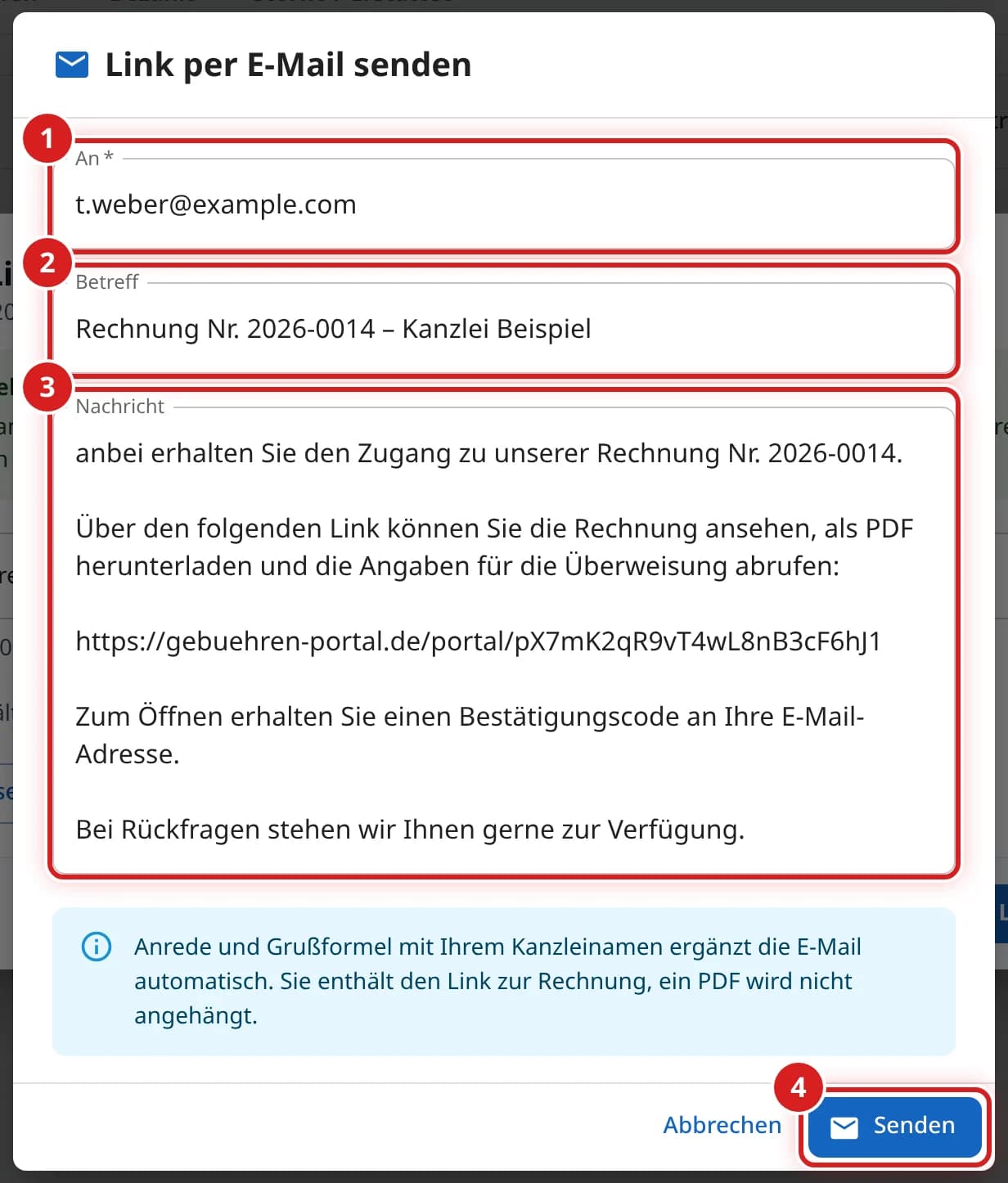 Fenster Link per E-Mail senden mit den Feldern An, Betreff und Nachricht