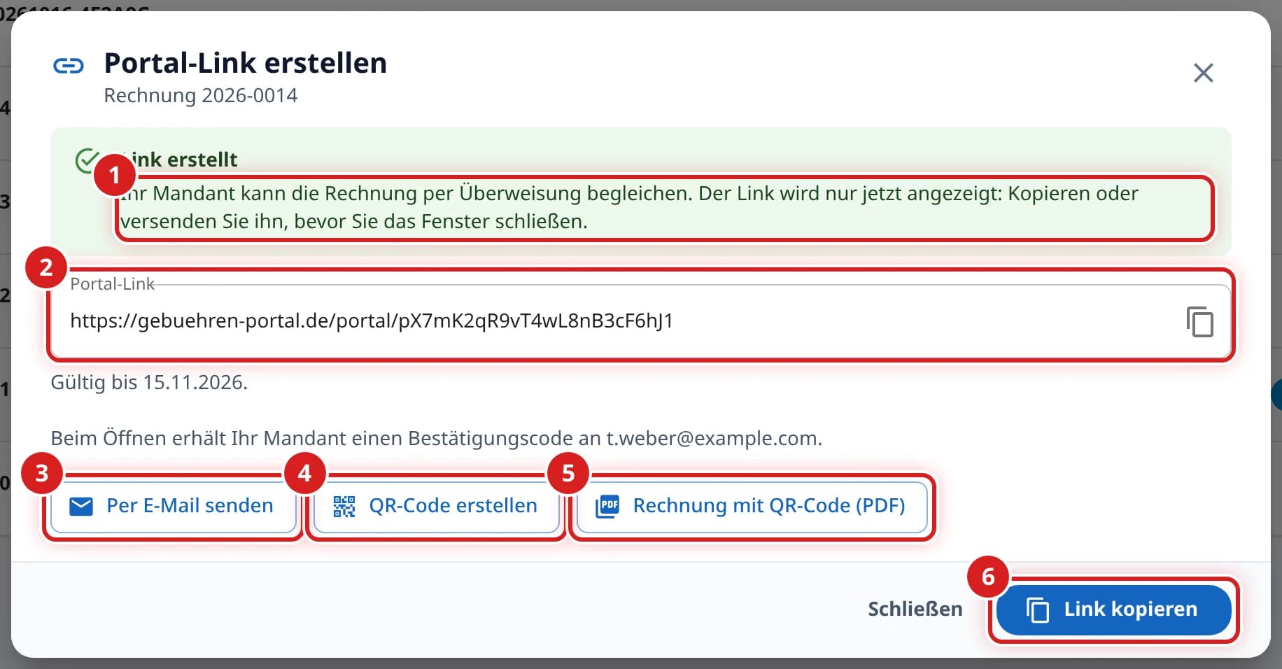 Fenster mit Hinweis Link erstellt, dem Portal-Link und den Knöpfen Per E-Mail senden, QR-Code erstellen, Rechnung mit QR-Code und Link kopieren