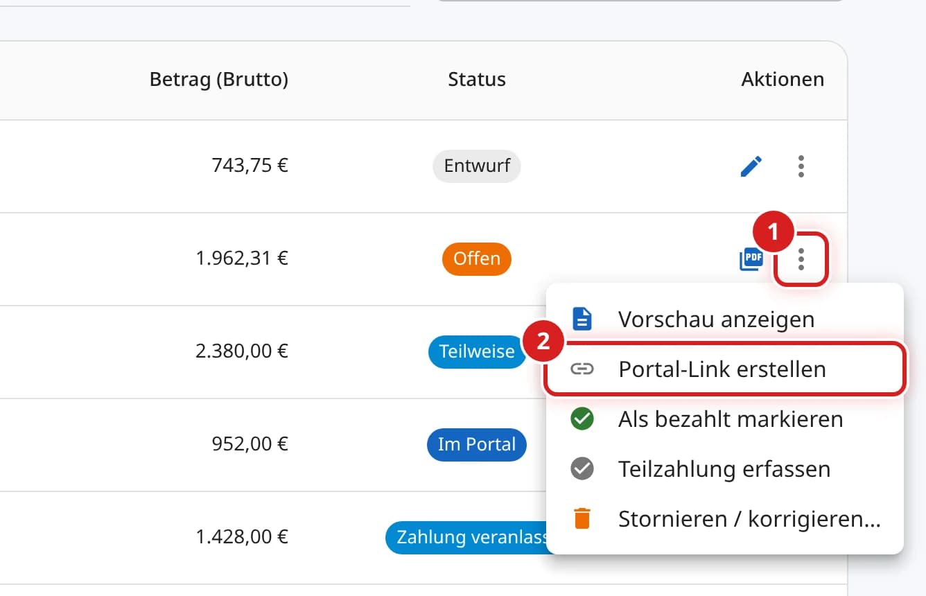 Menü einer offenen Rechnung mit dem Eintrag Portal-Link erstellen
