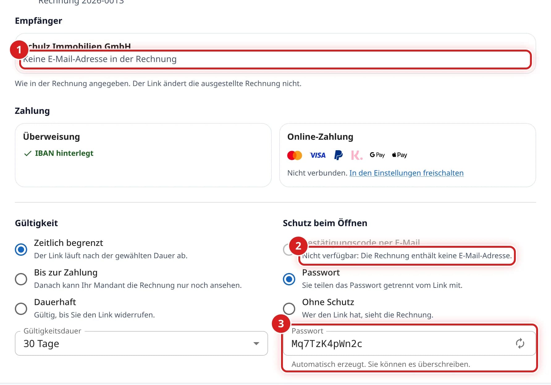 Fenster Portal-Link erstellen für eine Rechnung ohne E-Mail-Adresse mit gesperrtem Bestätigungscode und automatisch erzeugtem Passwort