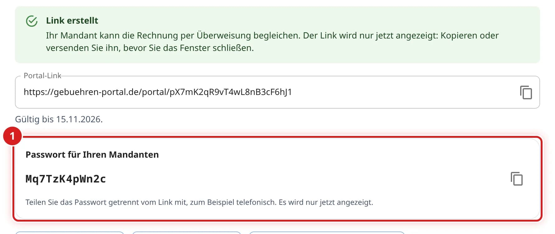 Kasten Passwort für Ihren Mandanten mit dem erzeugten Passwort