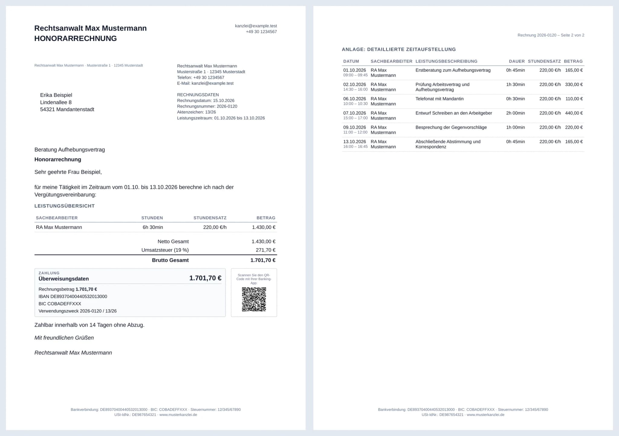 Honorarrechnung nach Zeithonorar mit Leistungsübersicht, Netto- und Bruttosumme, Überweisungsdaten und GiroCode; daneben Seite 2, die Anlage „Detaillierte Zeitaufstellung“ mit Datum, Sachbearbeiter, Leistungsbeschreibung, Dauer, Stundensatz und Betrag jeder Zeit