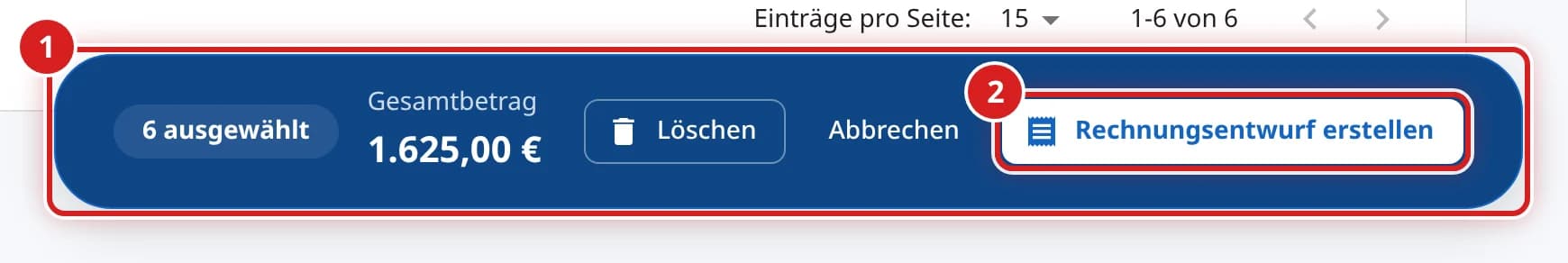 Dunkelblaue Leiste mit Anzahl, Gesamtbetrag und Knopf Rechnungsentwurf erstellen