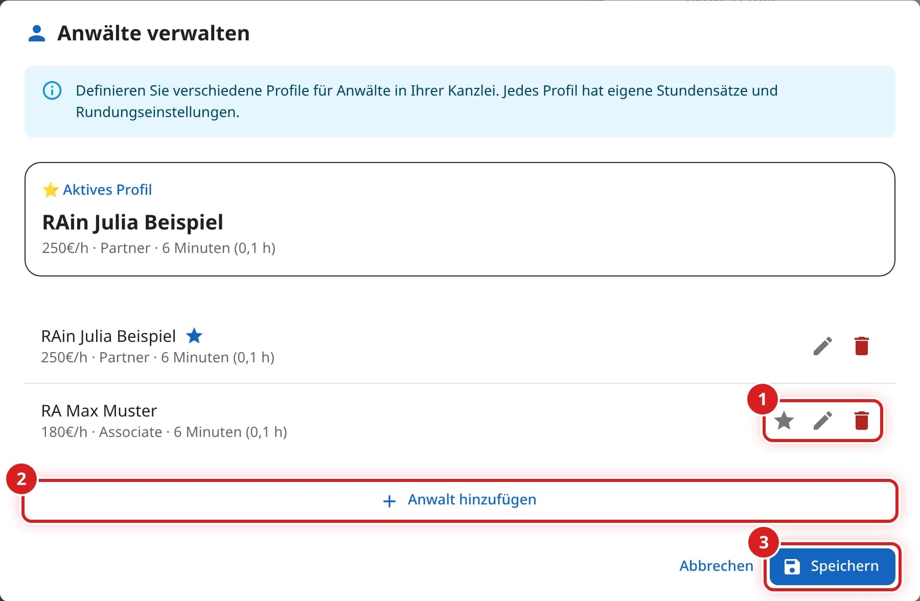 Fenster Anwälte verwalten mit zwei Profilen, Stern, Stift und Papierkorb sowie dem Knopf Anwalt hinzufügen
