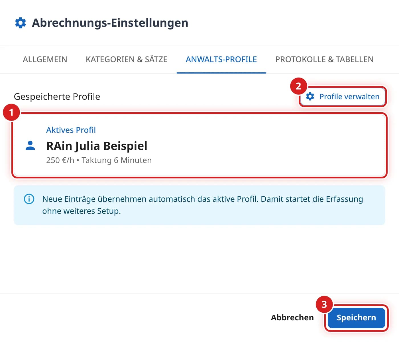 Reiter Anwalts-Profile mit dem aktiven Profil RAin Julia Beispiel, 250 Euro pro Stunde, Taktung 6 Minuten
