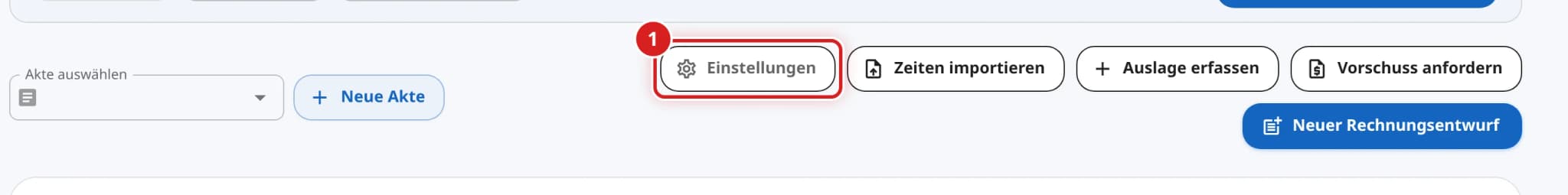 Knopfreihe der Seite Zeithonorar mit markiertem Knopf Einstellungen